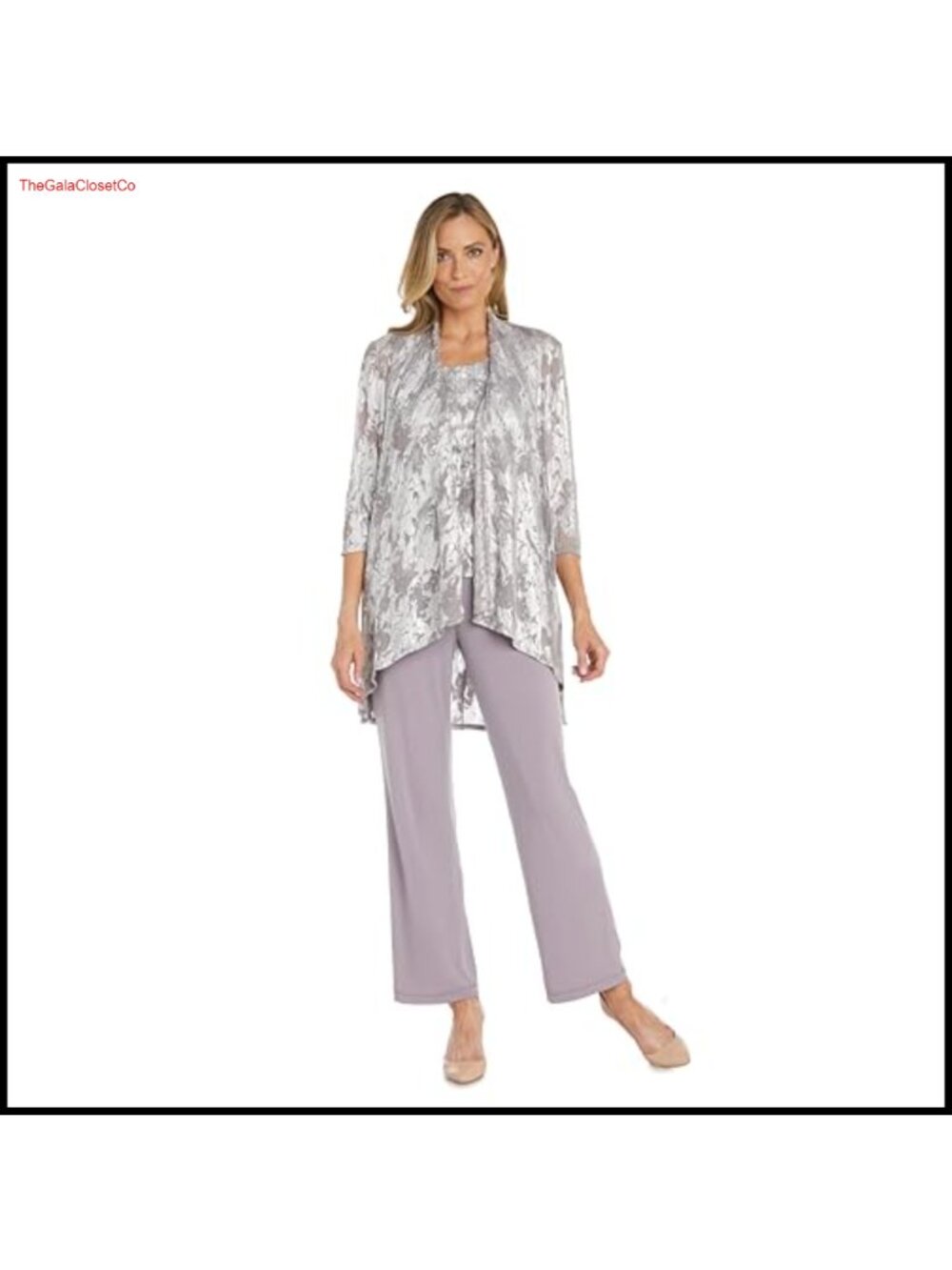 Foil Jacquard Twinset Pleated Mesh Overlay Straight-Leg Pants Formal Suit